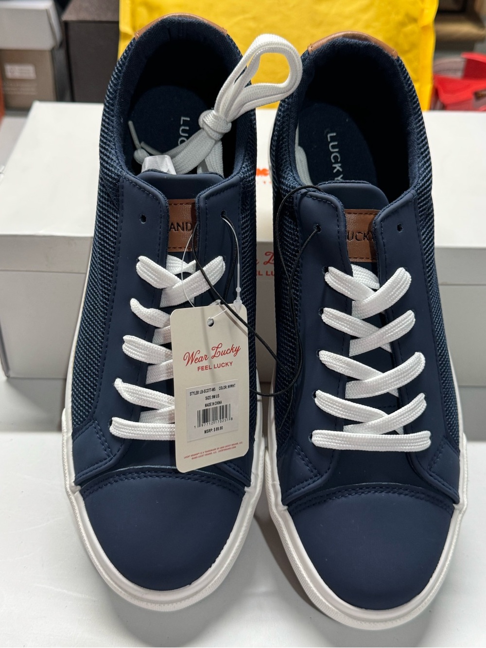 Men’s Lucky Brand Navy and White Low-Top Sneakers with Leather Tongue Tab